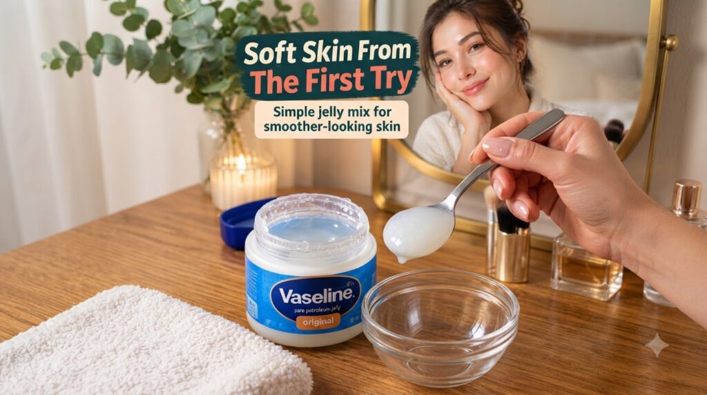 A close-up of a jar of Vaseline petroleum jelly with a spoon hovering over a small glass bowl and a woman s smiling refl