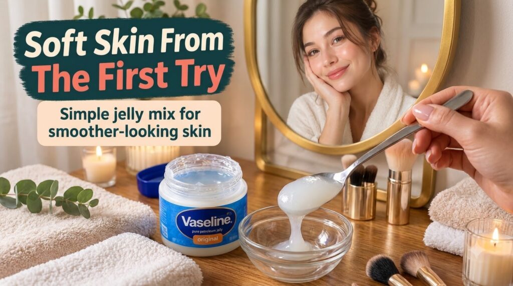A jar of Vaseline petroleum jelly a spoon with jelly and an empty glass bowl on a wooden surface A lit candle and plant 
