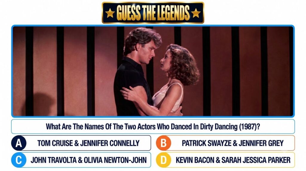 A quiz question layout featuring a central photograph of Patrick Swayze and Jennifer Grey from Dirty Dancing in a close