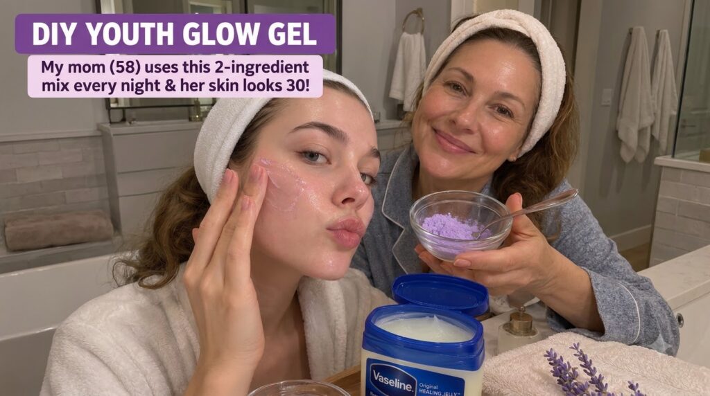 A mother and daughter doing a DIY skincare routine The daughter is applying a clear gel to her cheek with a playful expr