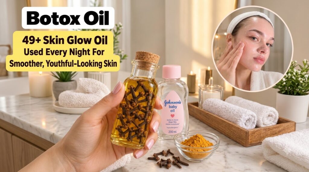 A hand holding a small glass bottle of homemade clove oil with ingredients like loose cloves baby oil and turmeric on a 