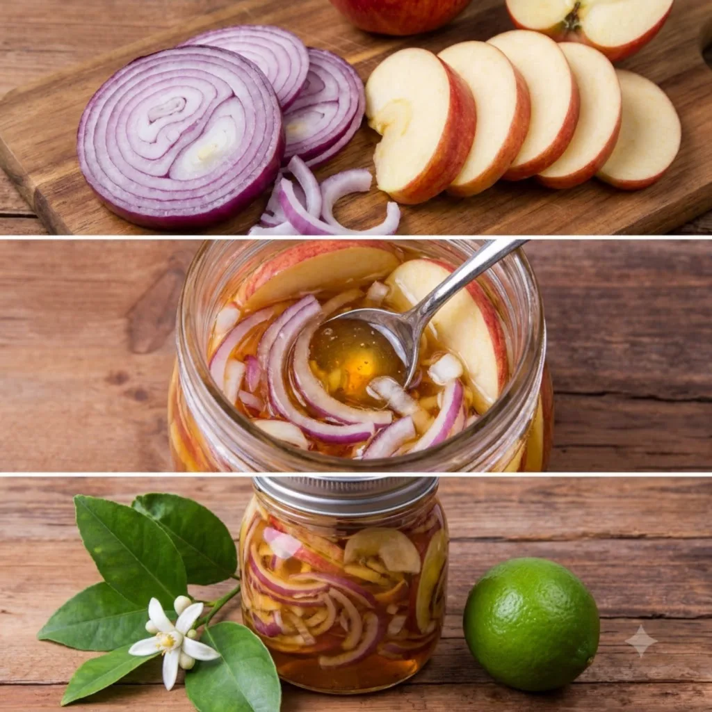 A three-panel image showing sliced red onions and apples on a cutting board then submerged in honey in a glass jar and f