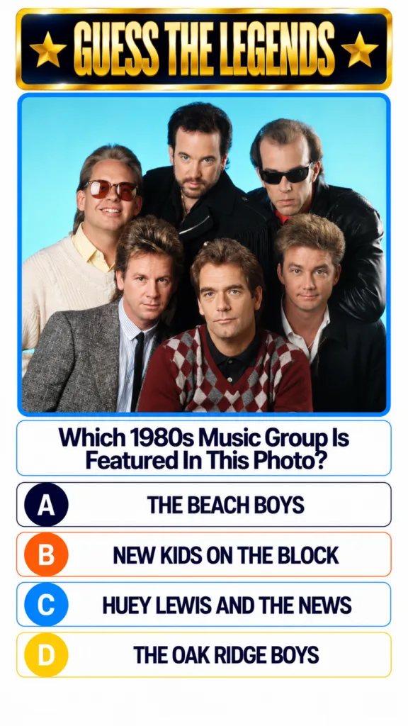 A retro-themed quiz screen featuring a studio photograph of six men likely a music group against a plain light blue back