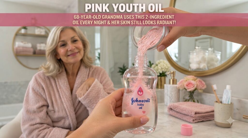Hands pouring fine pink powder from a small bowl into a bottle of Johnson s baby oil In the blurred background a smiling