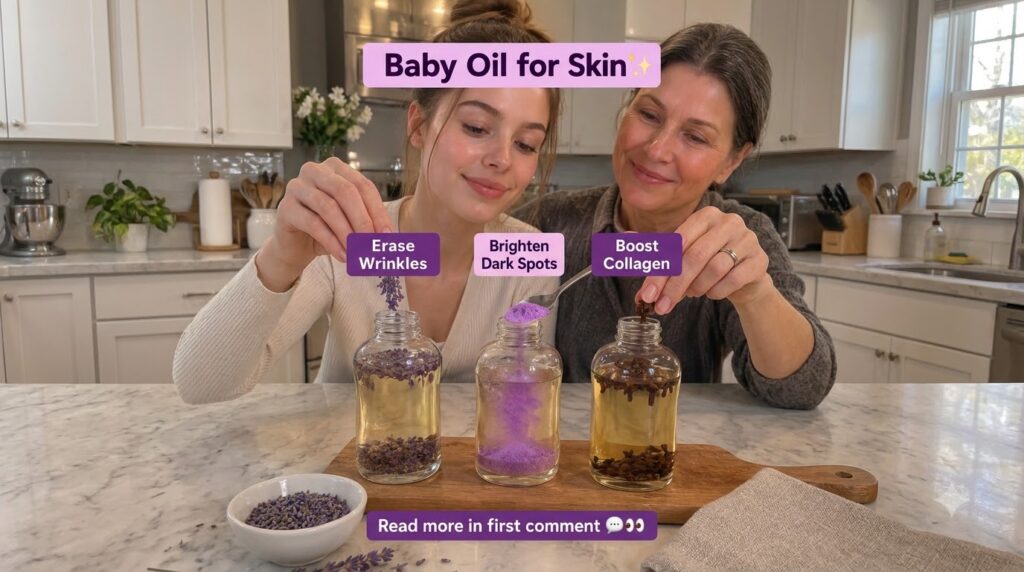 Two smiling women one younger and one older in a warm kitchen setting preparing natural skin remedies They are adding la