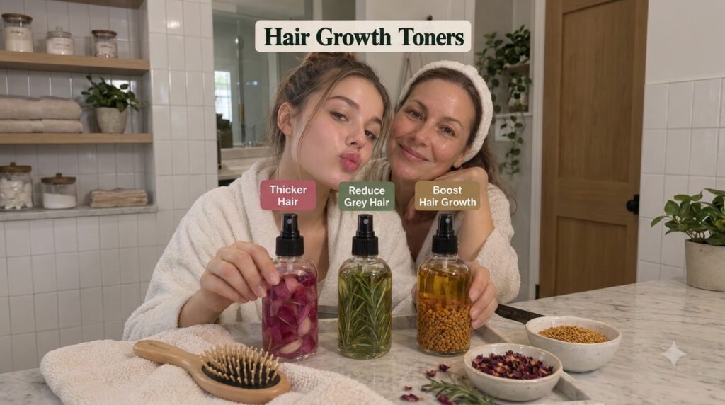 Two women one older and one younger in bathrobes holding up three clear spray bottles labeled for hair benefits The bott