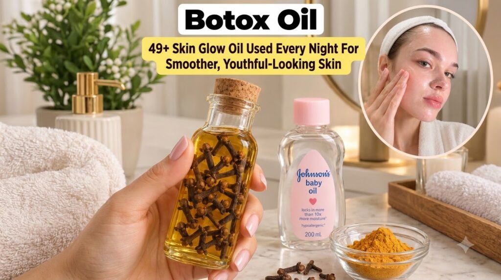 A hand holding a bottle of oil infused with cloves alongside a bottle of baby oil and a bowl of turmeric powder all set 