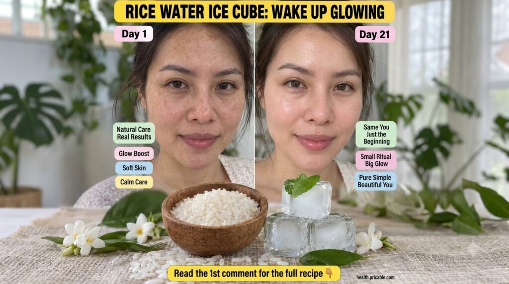 Before and after comparison of a woman s face showing improved skin clarity and glow over 21 days with uncooked rice in 
