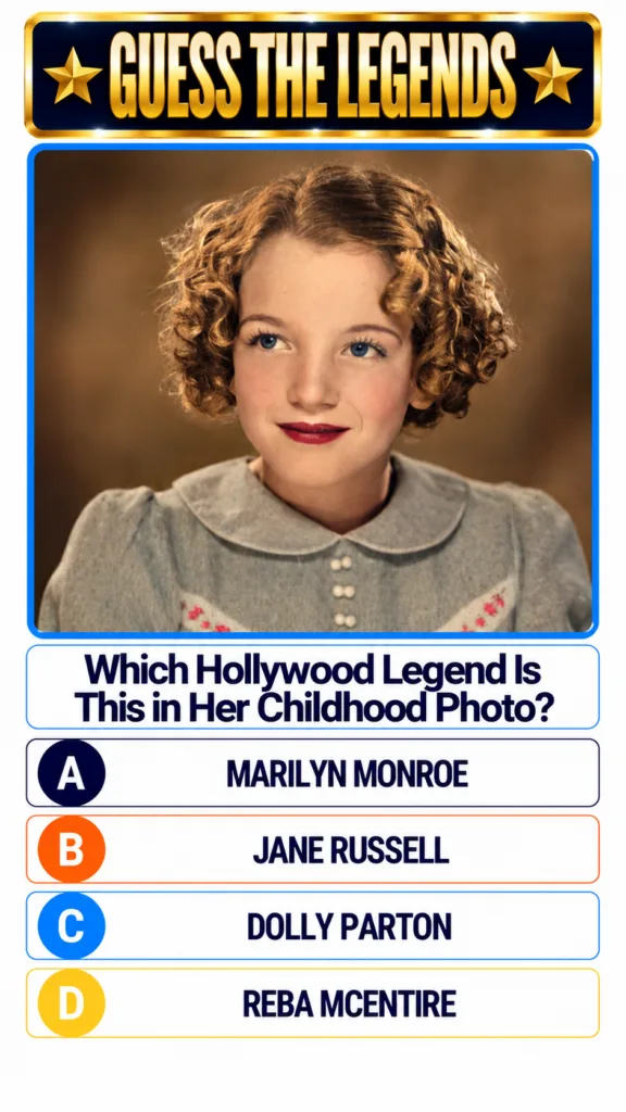 A young girl with curly light brown hair and blue eyes smiling softly framed in a quiz interface