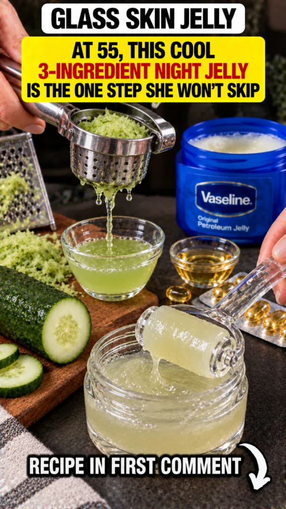 A person s hands actively pressing grated cucumber to extract juice into a small glass bowl with a jar of petroleum jell