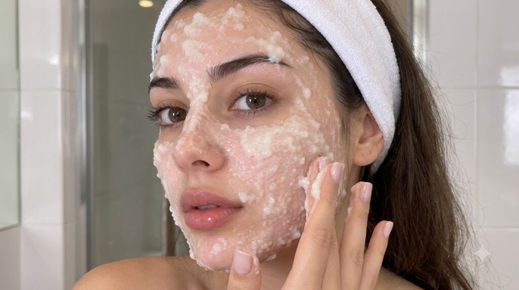 Ingredients for a turmeric and rice face mask a small bowl of turmeric powder a small bowl of rice flour a bottle of mil