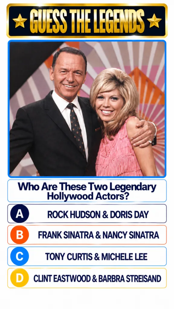 A quiz card featuring Frank Sinatra and Nancy Sinatra smiling with a striped background