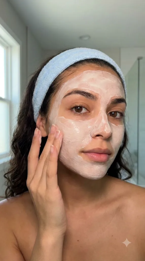 A woman gently applying a white facial mask to her cheek with her left hand wearing a light blue headband with curly dar