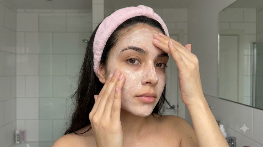A woman applying a creamy facial product to her face with both hands