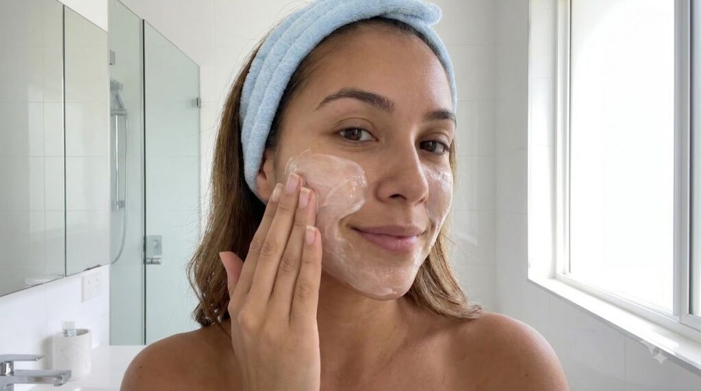 A young woman in a close-up applying a creamy face product to her right cheek with her right hand She wears a light blue