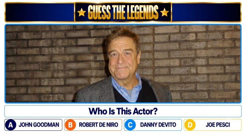 A vertical quiz layout with a blue banner reading Guess The Legends Below it a headshot of actor John Goodman against a 