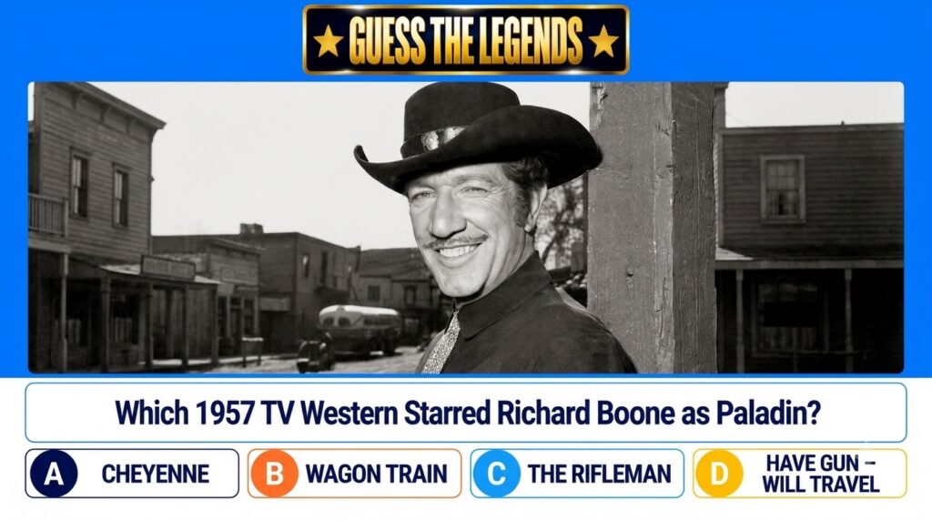 Richard Boone as Paladin in a black and white portrait wearing a cowboy hat and smiling with a subtle western town backg