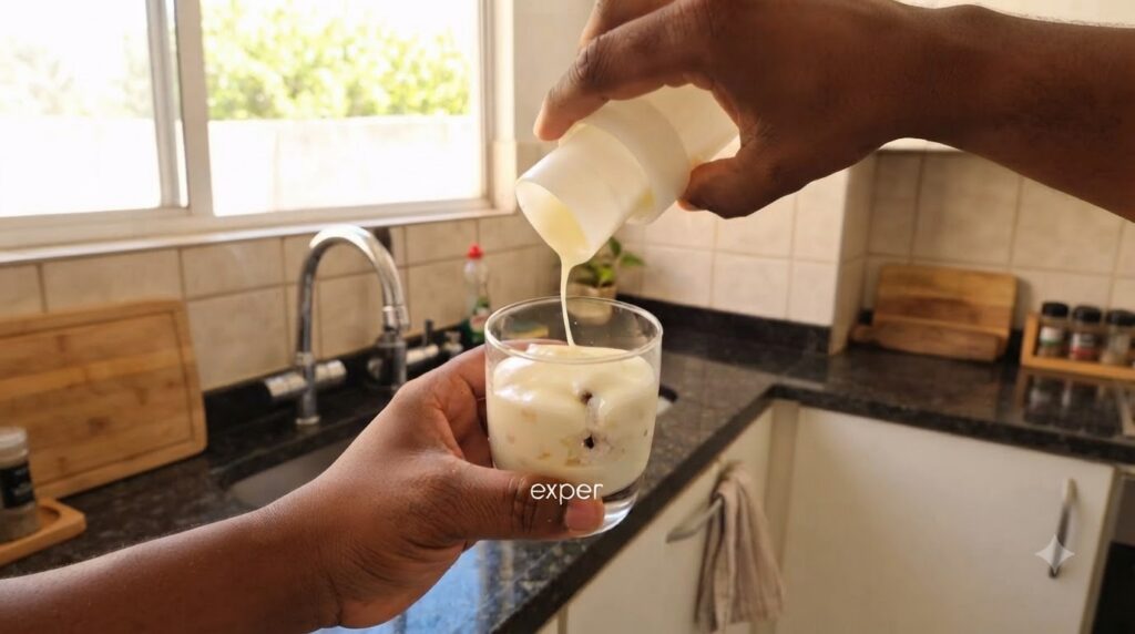 A thick creamy sweet topping being poured from a small white container into a glass that already contains a layered dess