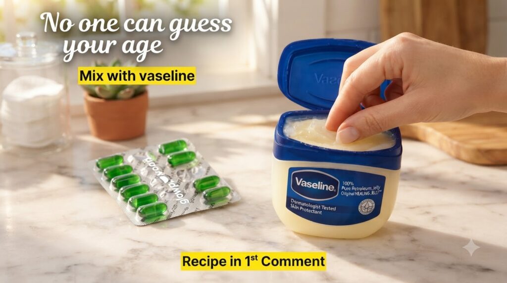 A hand scooping Vaseline from a tub with several vibrant green capsules in a silver blister pack visible to the left on 