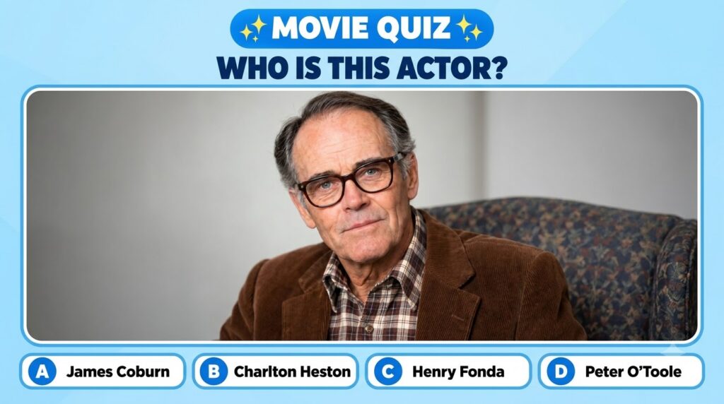 A Movie Quiz graphic featuring a headshot of an older man with glasses with text MOVIE QUIZ and WHO IS THIS ACTOR above 