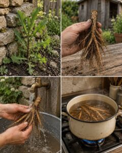 A robust plant root partially covered in soil on one side and cleaned sliced sections of the same root on the other side