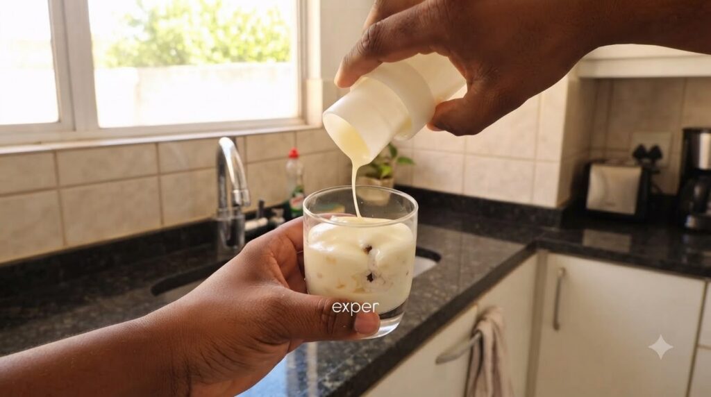 Hands pouring a creamy light-colored liquid from a white container into a clear glass containing a layered dessert