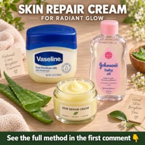 Ingredients for the DIY skin repair cream a jar of Vaseline a bottle of baby oil and a fresh aloe vera leaf on a clean l
