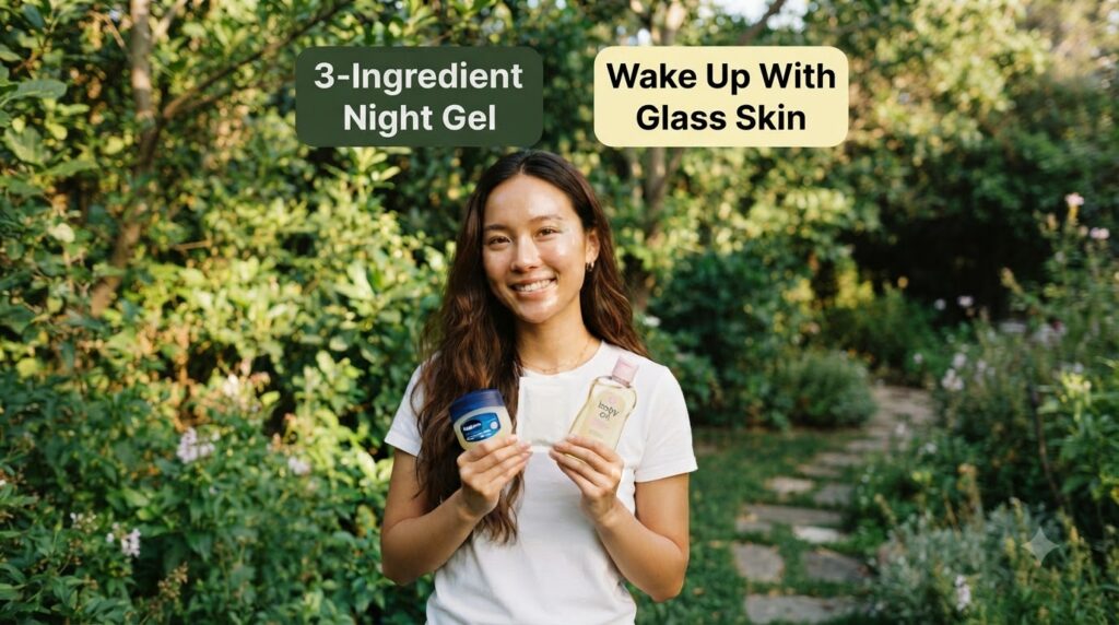 A young woman holding a jar of Vaseline a bottle of baby oil and a small packet of white beauty powder smiling at the ca