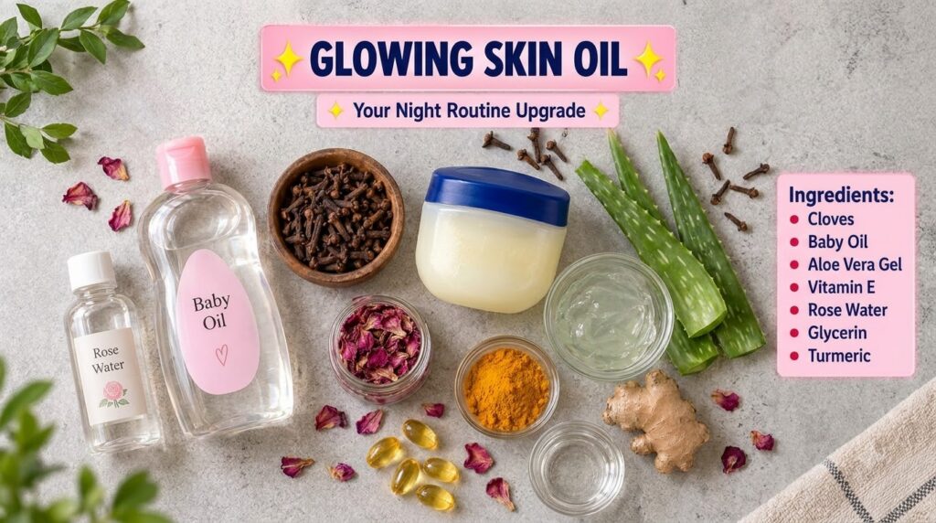 A flat lay of ingredients for a DIY glowing skin oil featuring a bottle of sweet almond oil fresh aloe vera leaves or ge