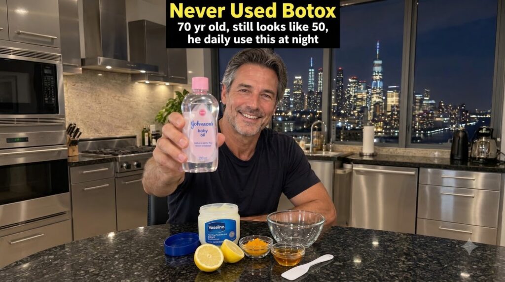 A smiling man in a modern kitchen at night holding Johnson s baby oil with ingredients like lemon turmeric honey and Vas