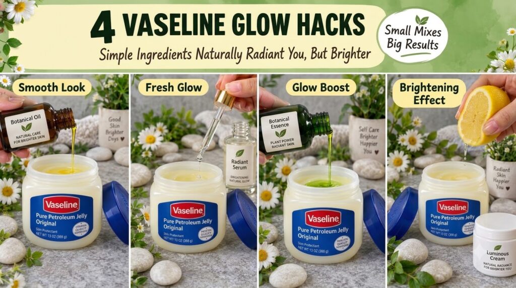 A four-panel grid showcasing 4 Vaseline Glow Hacks with each panel featuring a jar of Vaseline and a hand mixing it with