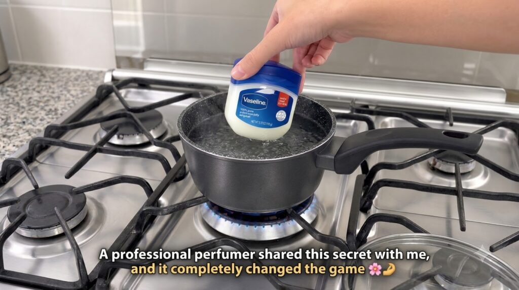 A hand holding a tub of Vaseline petroleum jelly just above a pot of actively boiling water on a gas stove The blue gas 