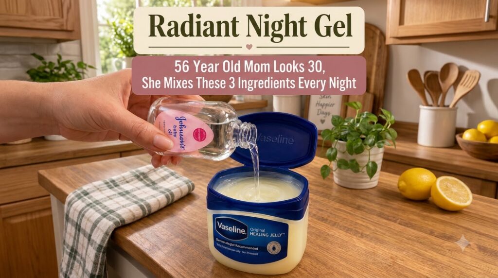 A close-up of a hand pouring clear Johnson s baby oil into an open tub of Vaseline Original Healing Jelly on a wooden su