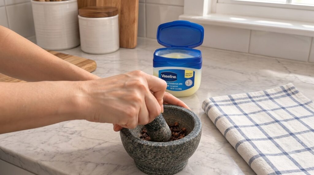 A close-up of hands grinding whole cloves in a stone mortar and pestle with an open jar of Vaseline visible in the backg
