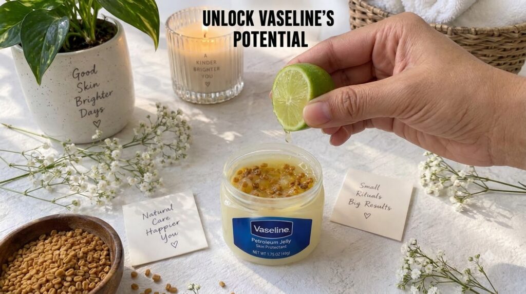 A close-up top-down view of a hand squeezing a fresh lime half into an open jar of Vaseline mixed with fenugreek seeds D