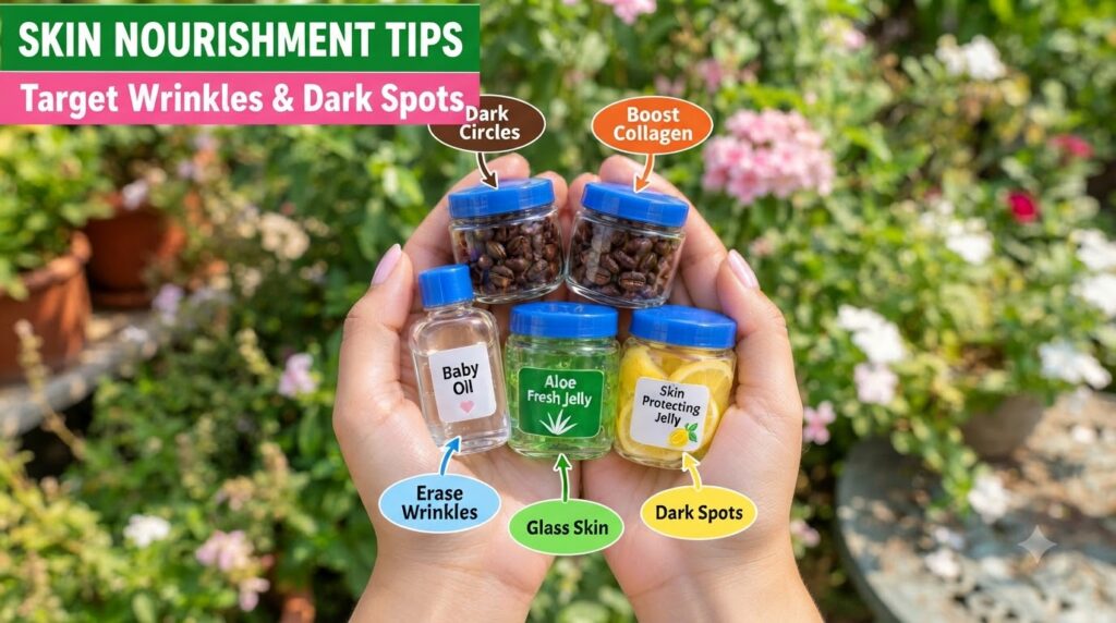 A pair of hands cupped together holding five small jars and bottles of beauty ingredients including Vaseline baby oil co