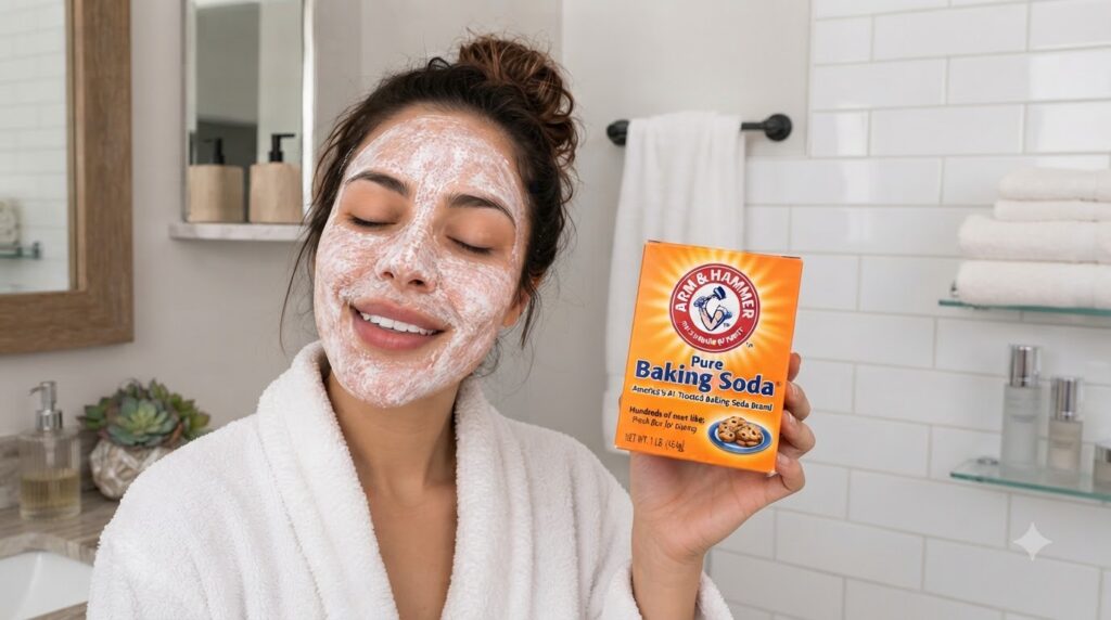 A woman in a white bathrobe with a white face mask smiling with closed eyes holding a box of Arm Hammer Pure Baking Soda
