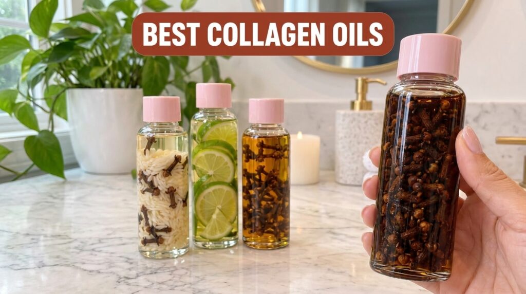 Four clear bottles of baby oil each infused with different natural ingredients like cloves lime slices and rice grains a