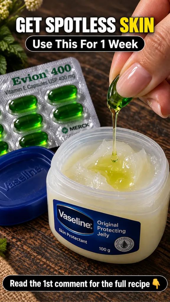 A hand squeezing a green Vitamin E capsule letting the oil drip into a small container of Vaseline Original Protecting J