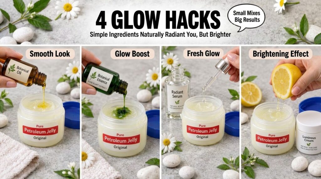 A four-panel grid showing different beauty hacks using petroleum jelly with hands adding ingredients like botanical oil 