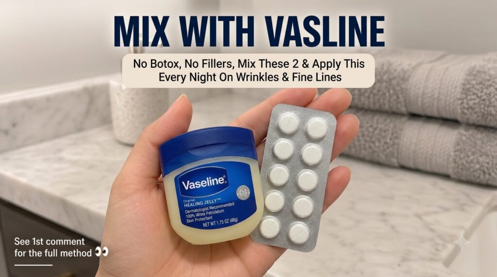 A hand holding a small blue tub of Vaseline Healing Jelly and a silver blister pack of white pills with a blurred bathro