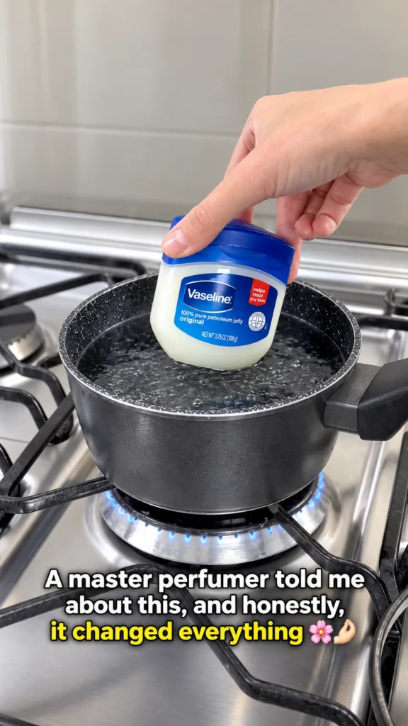 A hand holding a small jar of Vaseline over a pot of boiling water on a gas stove illustrating the gentle heating proces