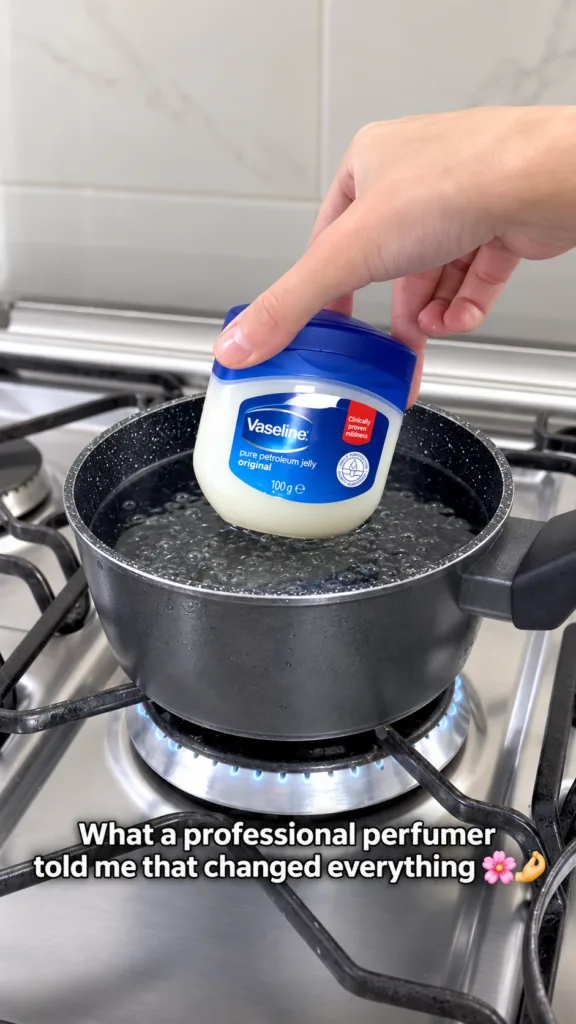 A hand holding a jar of Vaseline above a pot of boiling water showing the double boiler method for melting the jelly
