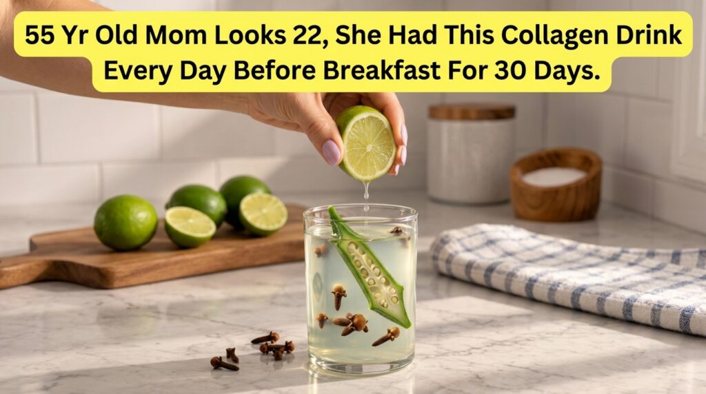 A hand squeezing a fresh lime into a clear glass containing a light-colored liquid a sliced okra pod and several cloves 