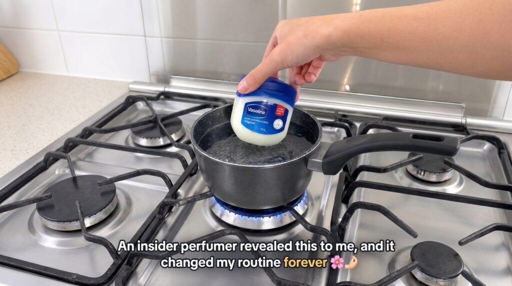 A hand gently holding a jar of Vaseline partially submerged in a pot of simmering water on a gas stove Steam is rising a