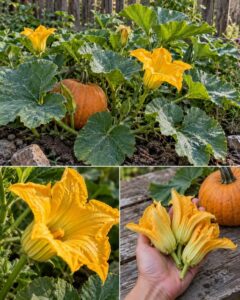 A large bright orange pumpkin sits on a rustic wooden surface surrounded by vibrant yellow pumpkin flowers with green le