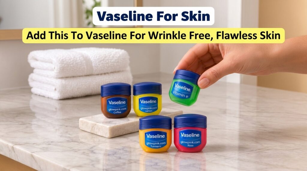 Five colorful mini tubs of Vaseline skincare products Coffee Lemon Turmeric Rose Vitamin E on a marble surface with a ha
