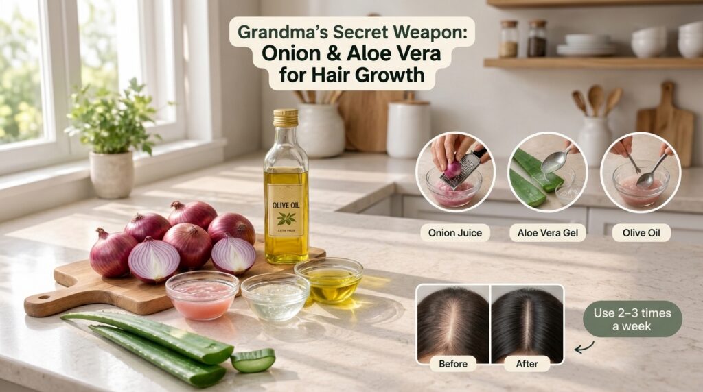 Flat lay of hair growth ingredients and preparation with text overlay Grandma s Secret Weapon Onion Aloe Vera for Hair G