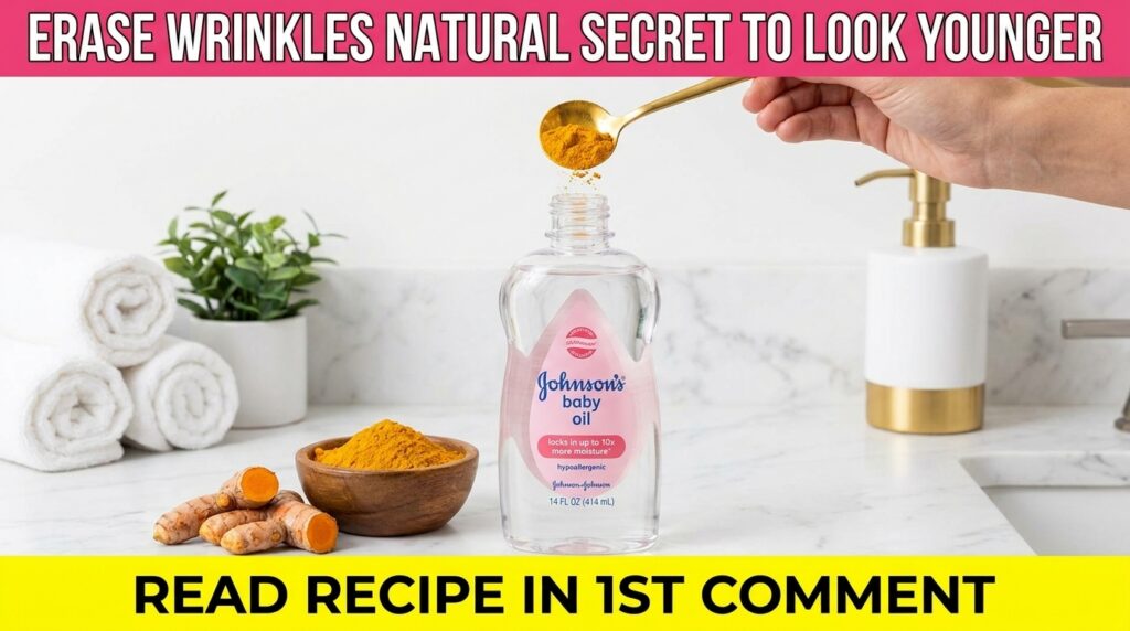 A hand pouring golden turmeric powder from a spoon into a bottle of baby oil on a marble countertop with some turmeric a