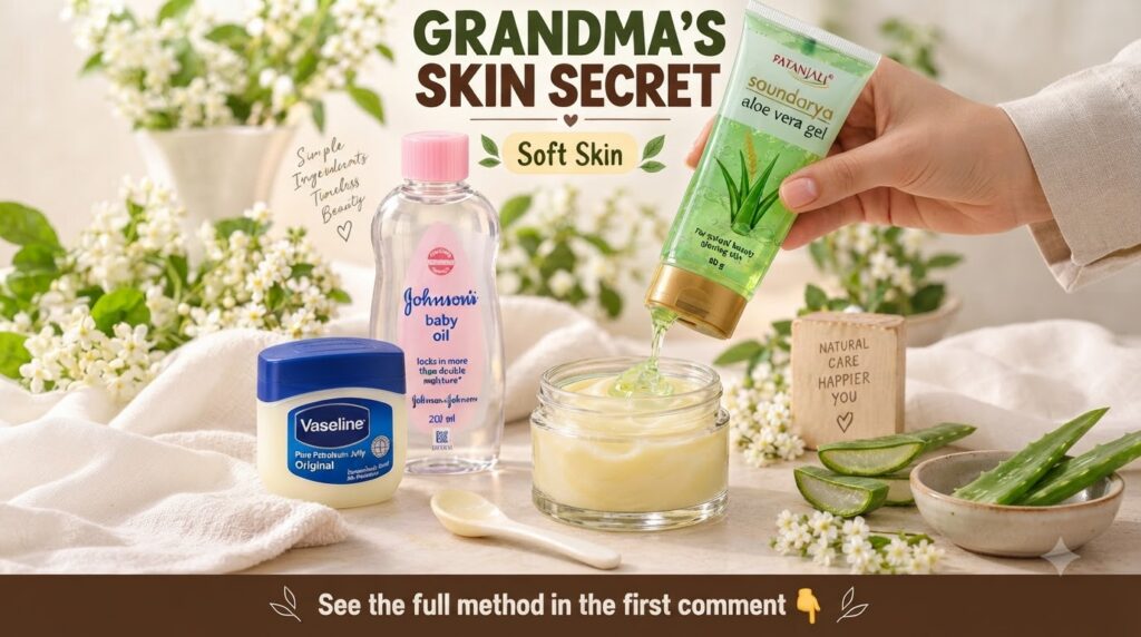 A clear glass jar being filled with aloe vera gel surrounded by a tube of Vaseline a bottle of Johnson s baby oil fresh 